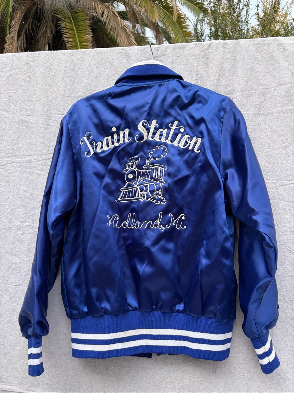 Blue Satin 'Train Station' Embroidered Bomber Jacket